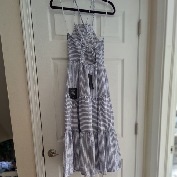 Lulu's Chasing Sunshine Blue and White Striped Seersucker Lace-Up Midi Dress - Picture 5 of 10